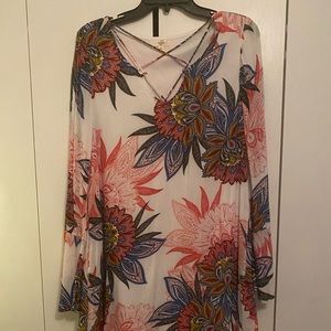 Floral bell sleeve cross neck dress